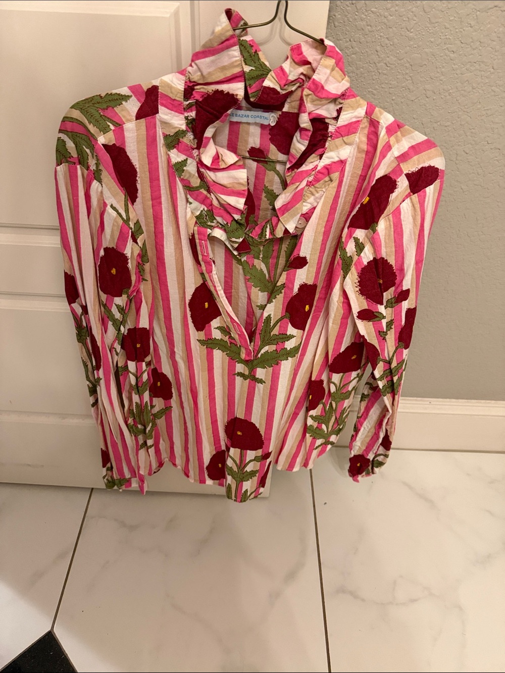 Ruffled Pink Stripe & Floral Button-Up Blouse